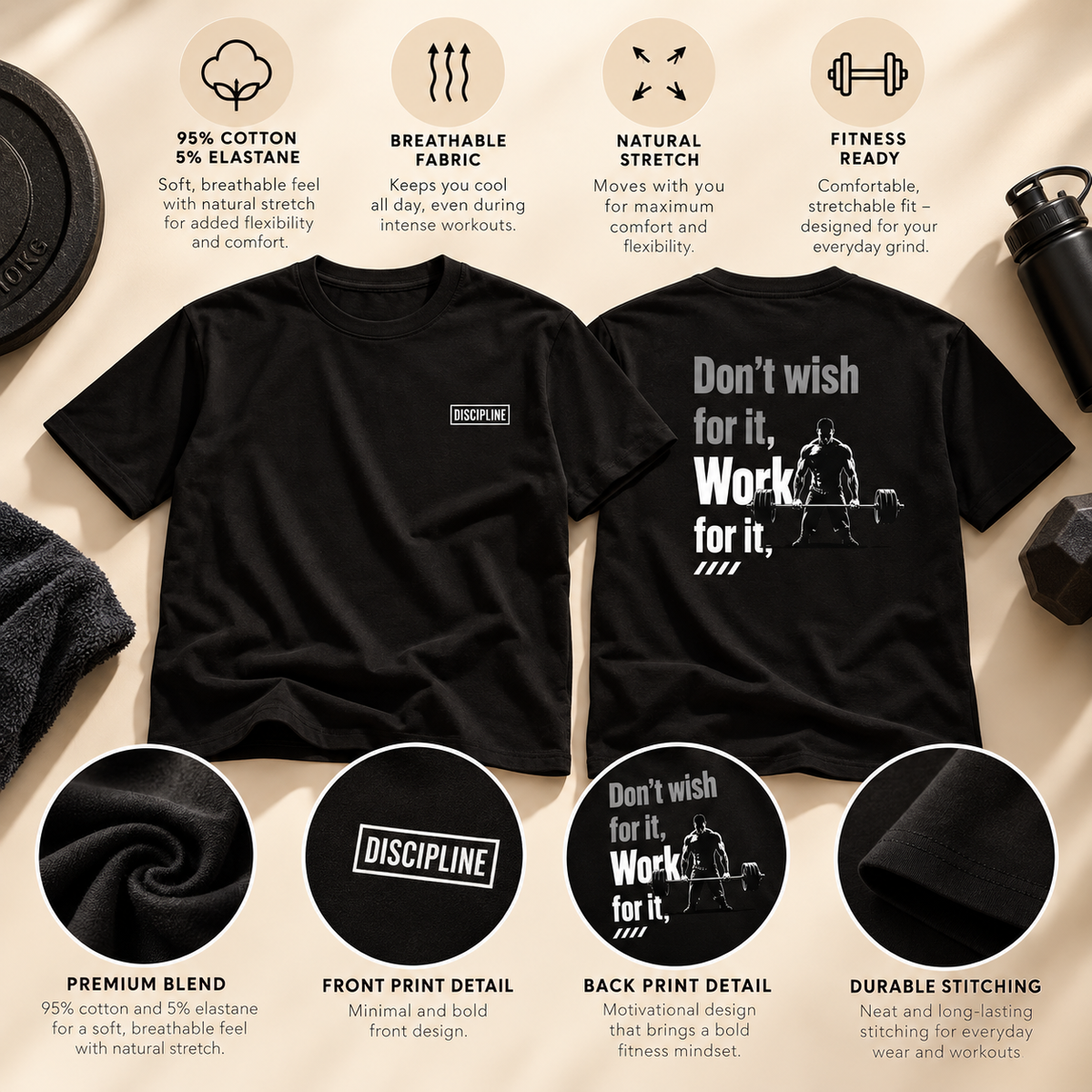 Don’t Wish. Work For It. – Men’s Gym T-Shirt (Front & Back Print) – Black
