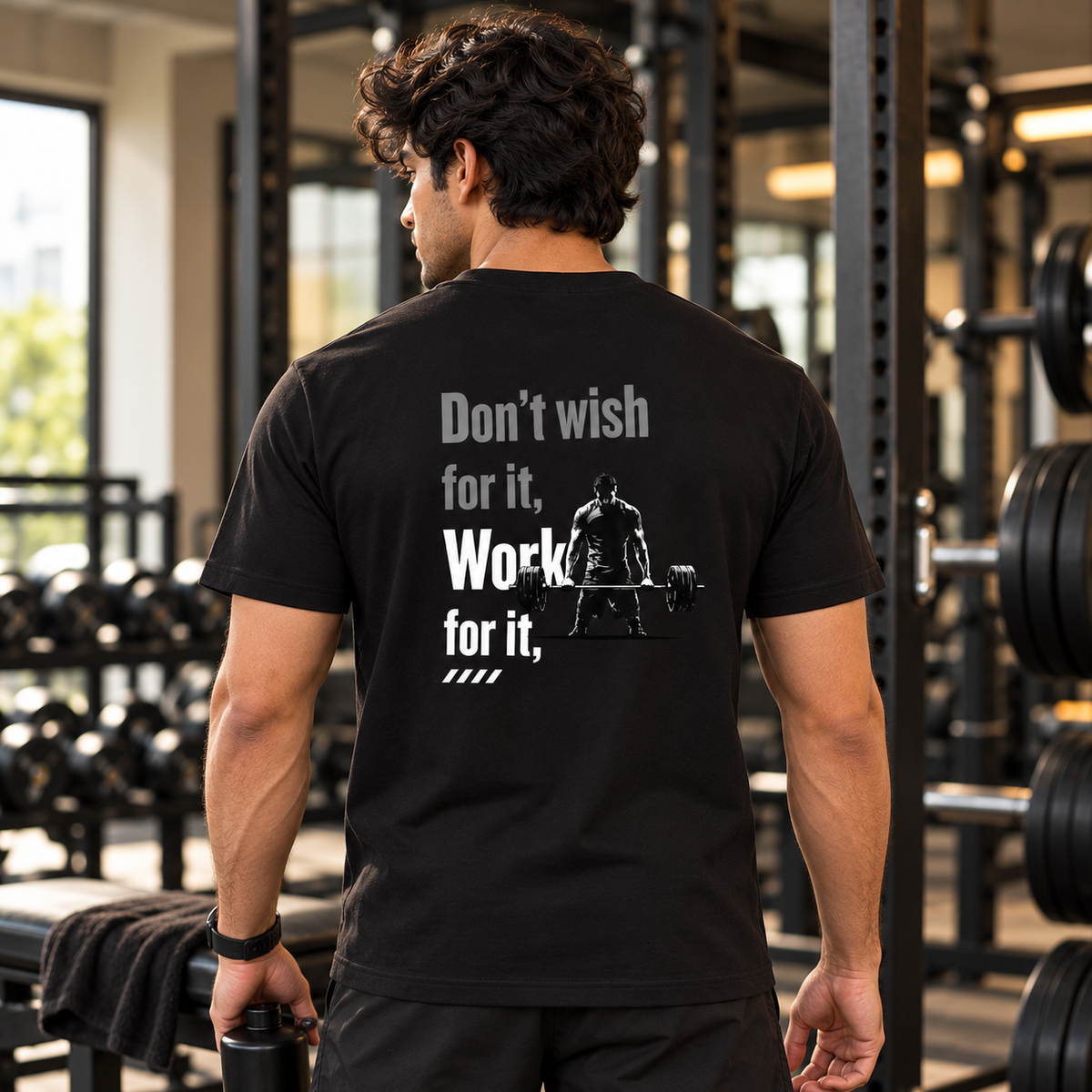 Don’t Wish. Work For It. – Men’s Gym T-Shirt (Front & Back Print) – Black