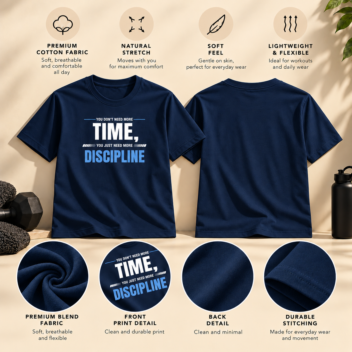 Time Discipline – Men’s Stretch Gym T-Shirt – Navy Blue